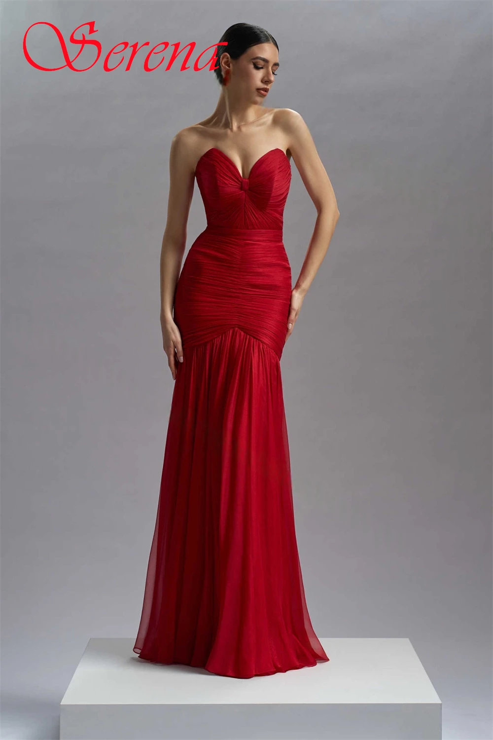 Vestido de noche de gasa rojo exquisito personalizado, vestido de fiesta sin mangas sin tirantes de alta calidad, vestido de fiesta clásico con cremallera en la espalda