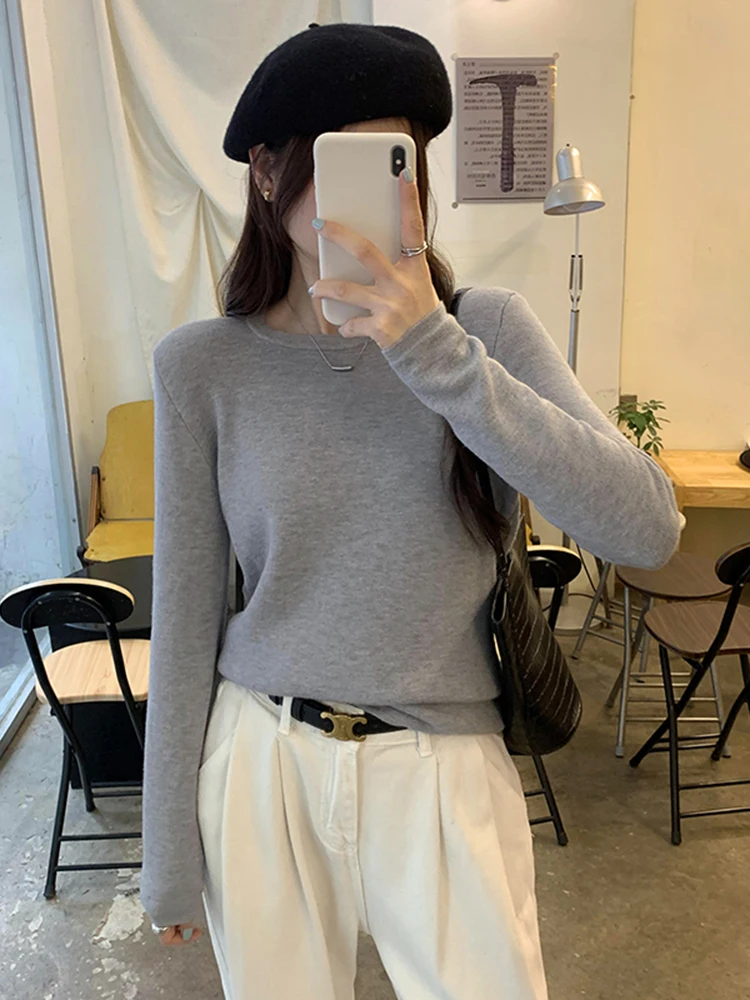 Simple Basic Fashion Street Women Pullover Autumn New Solid Color Slim Woman Pullover White Apricot Oat Slim Knitted Top Female