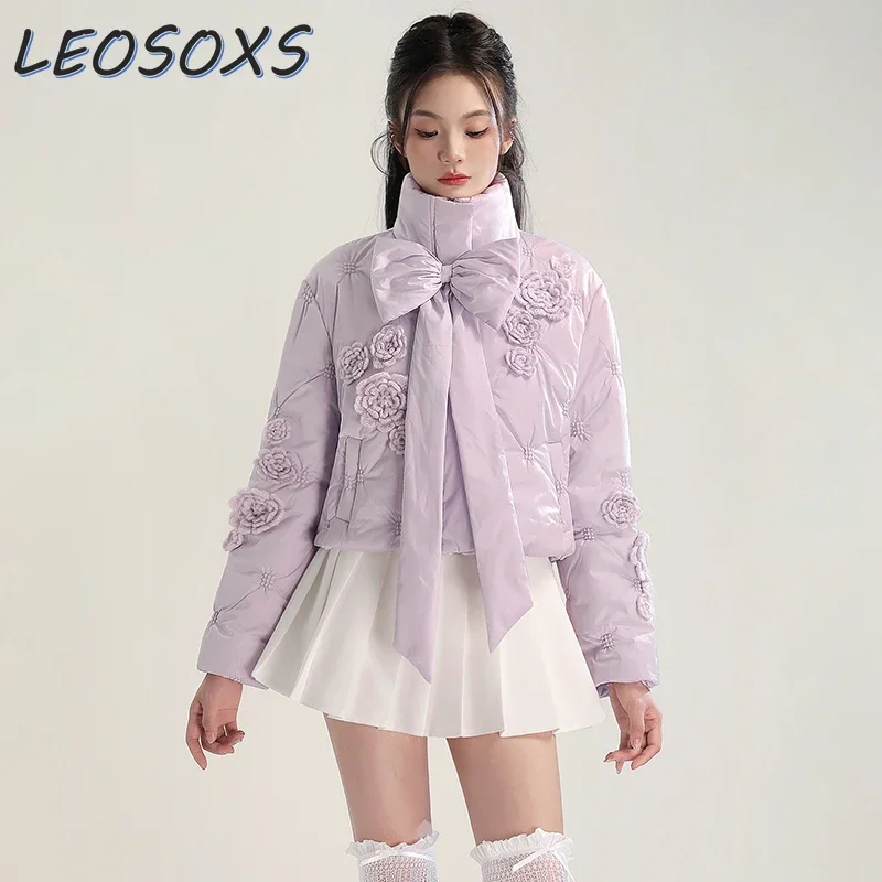 LEOSOXS Romantic Sweet Purple Cotton Coat Women Winter New Sweet Flower Bow Design Stand-up Collar Long-sleeve Thermal Jacket