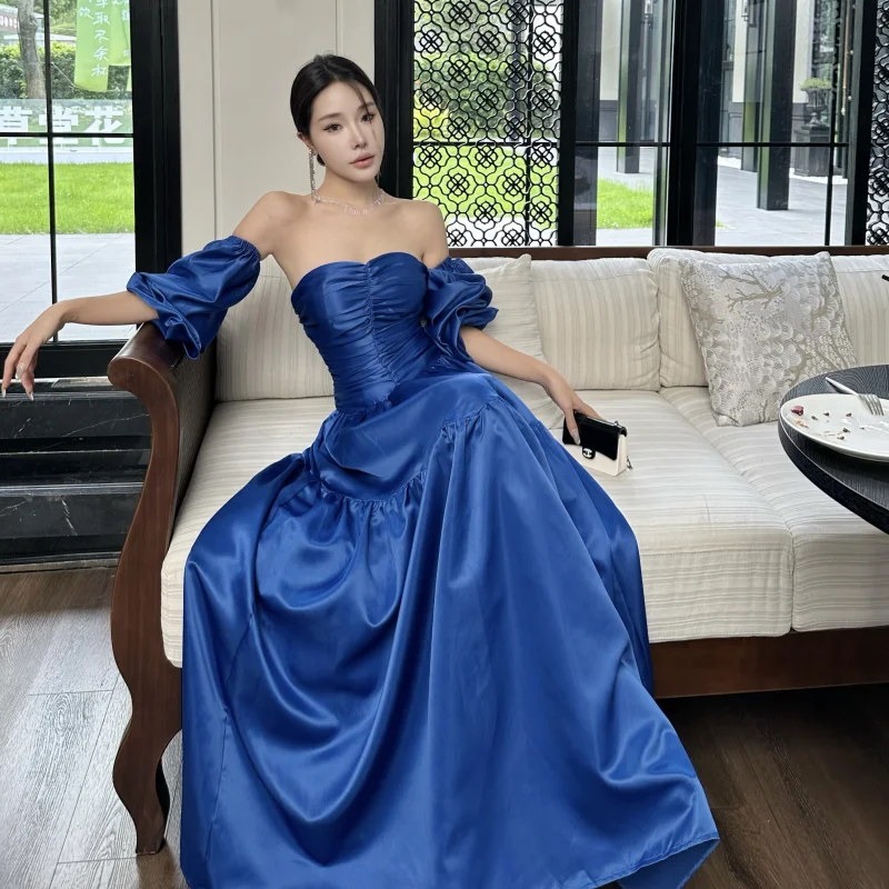 Vestido Azul Feminino Maxi Off-Shoulder para Casamento, Noivado, Aniversário, Saia Longa com Grande Movimento para Noite