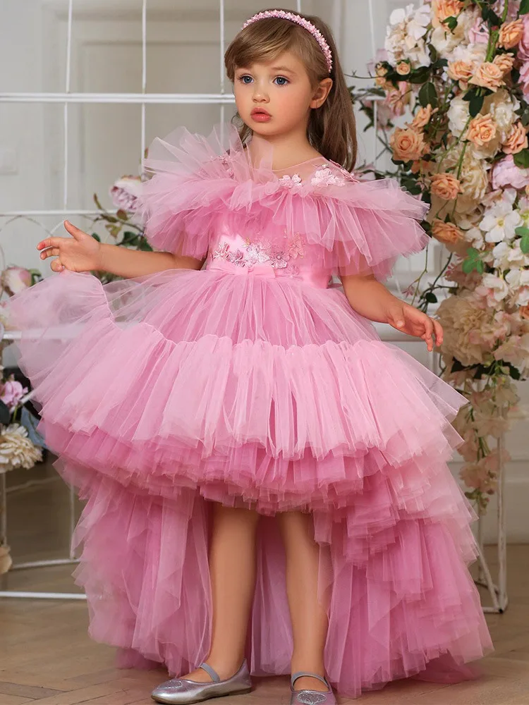 Gorgeous Baby birthday Party Ball Girl Flower beading Wedding Pink tulle Trailing Dresses Children's Princess Tutu Dress