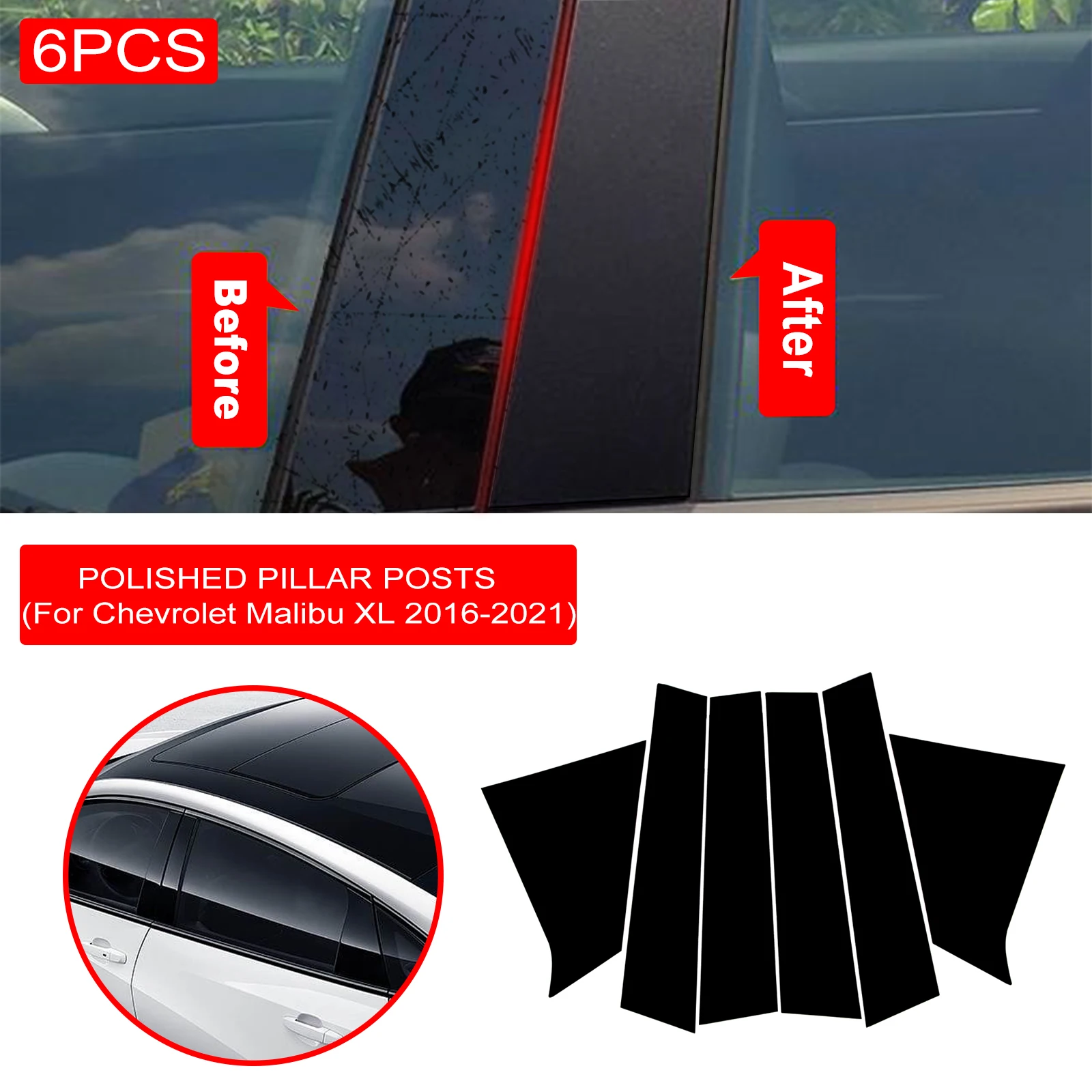 

6PCS Polished Pillar Posts Fit For Chevrolet Malibu XL 2016-2021 Plastic Window Trim Cover BC Column Sticker Car Accessories