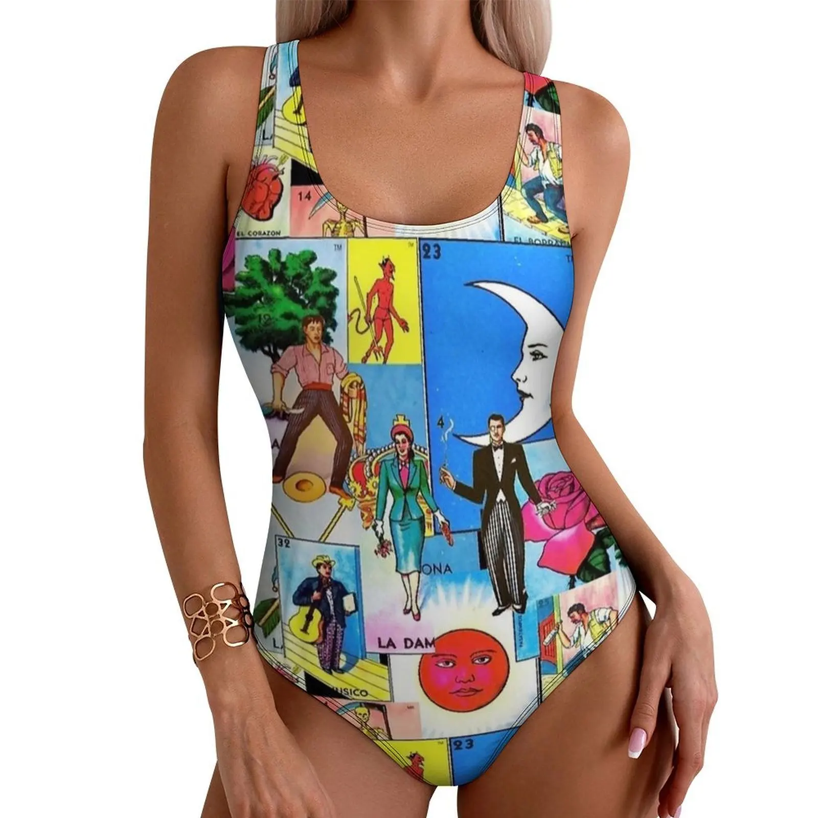 Lottery Card 60s Retro Print Swimsuit Sexy  One Piece Swimwear Push Up Bodysuit Stylish Holiday Rave Monokini