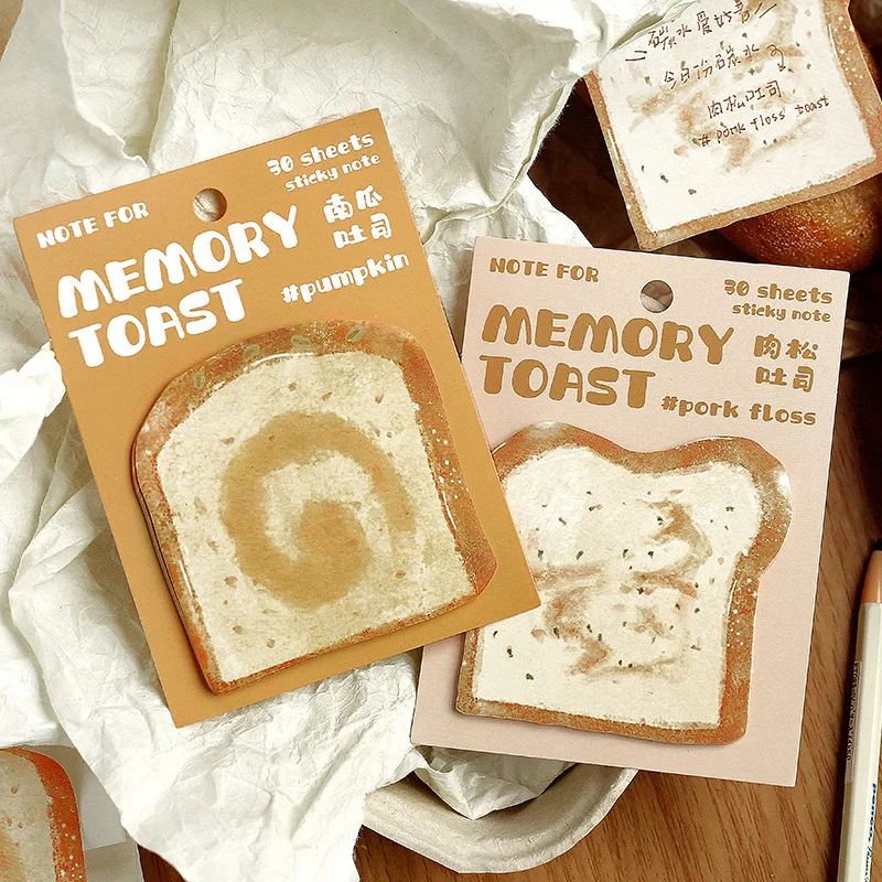 30 Sheets/Set Creative Memory Toast Series Sticky Notes Cocoa Toast, Meat Floss Butter Bread DIY Memo Pads Office Supplies