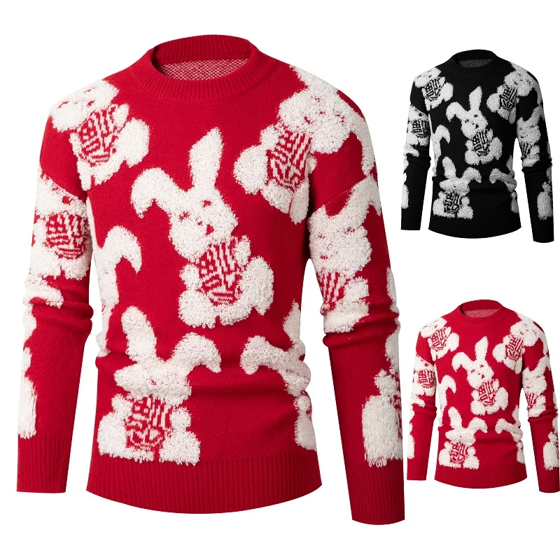 Winter Chinese Style Unisex Red Christmas Sweater New Year Cartoon Rabbit Long Sleeve Casual Pullovers Knitted Sweaters for Men