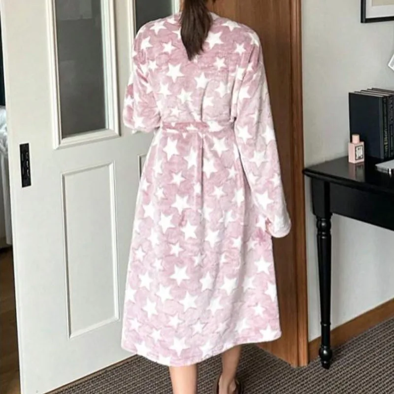 Autumn Winter New Thick Robe Flannel Star Print Kimono Loose Gown Sweet Pink Warm Bathrobe Thicken Soft Loungewear Sleepwear 6