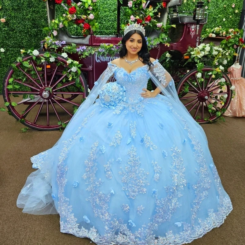 

Sky Blue Off Shoulder Ball Gown Quinceanera Dresses 3D Flower Applique Sweet 16 15 Birthday Dress Pageant Vestido De 15 Anos