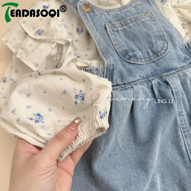 3-8Y Girls Babys Clothing Set Printed Tops Shirts+Jeans Pants Overalls Shorts Casual Kids Girl Birthday Children Denim Clothes