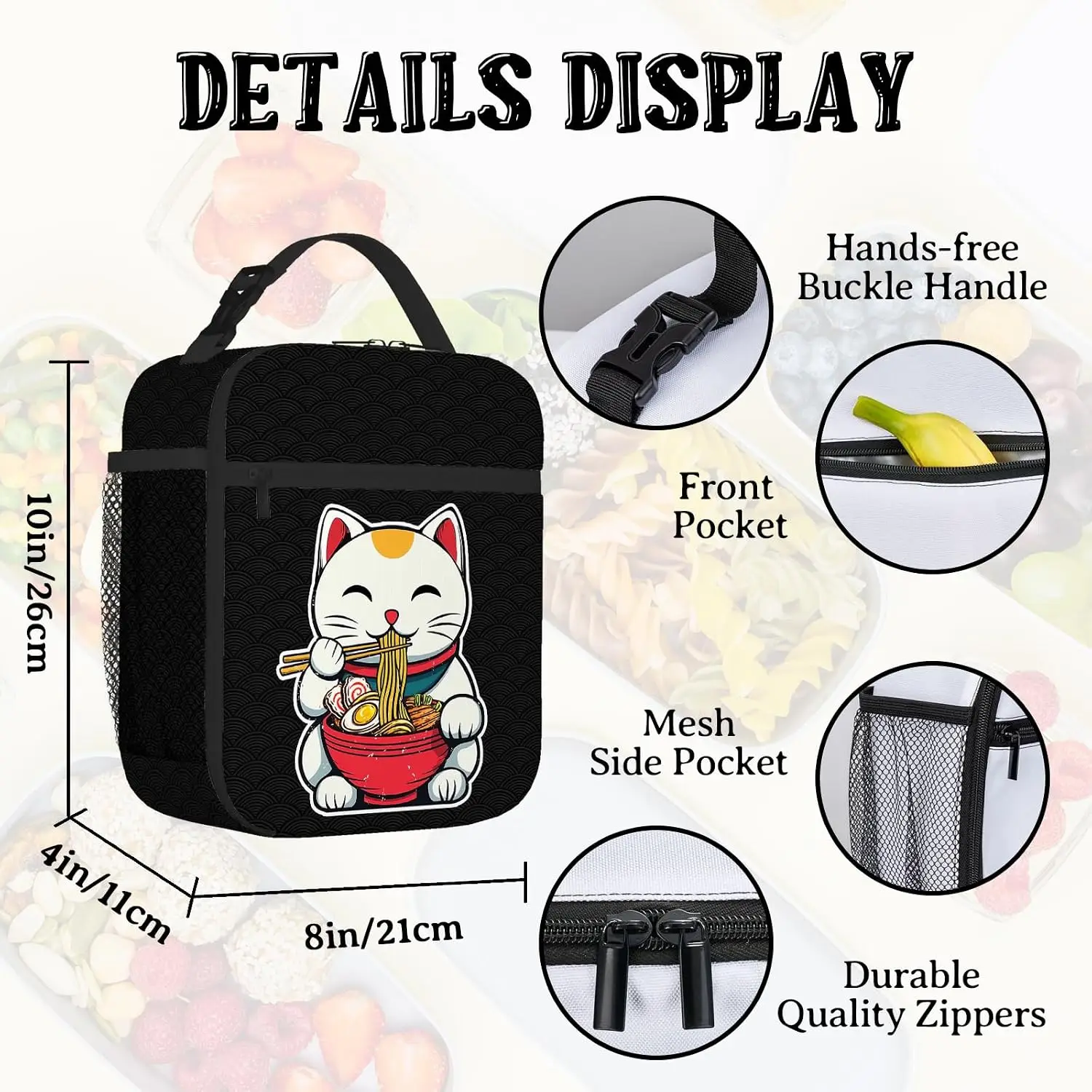 Japanese Funny Cat Kids Lunch Box Bag Insulated for School Kitten Eat Ramen Noodle Lunch Container Cooler Box Bag Gifts