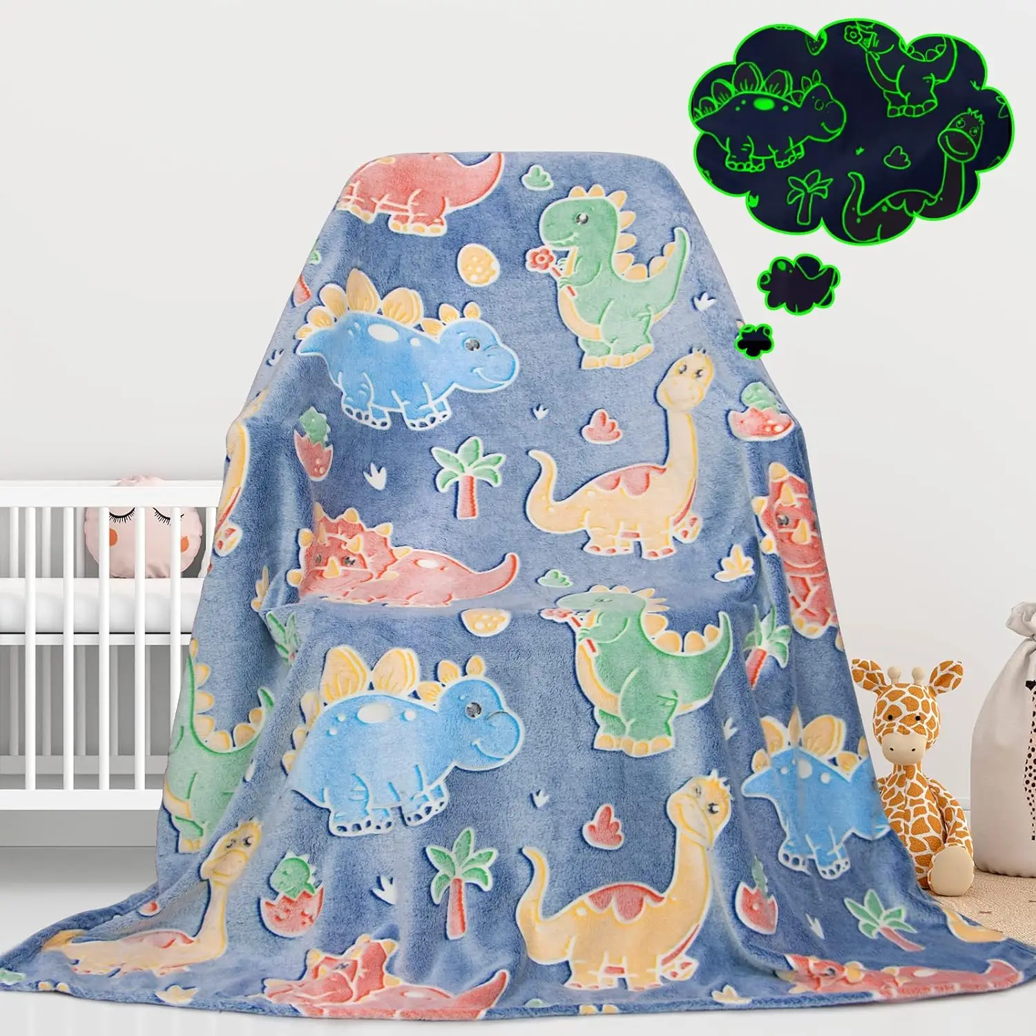 

Glow At Night Dinosaur Print Blanket Cozy Soft Lightweight Cow Throw Blanket Warm Fleece