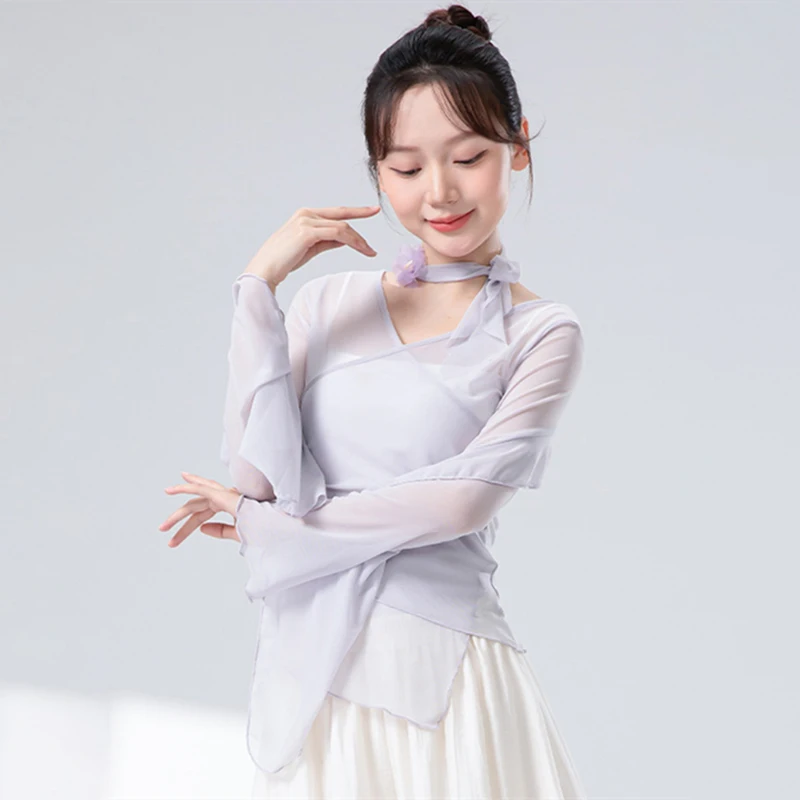 Classical Dance Gauze Mesh Top Women Flared Sleeve Sheer Shirt Training Flowy Body Rhyme Competition Tops Chinese Folk Dancewear