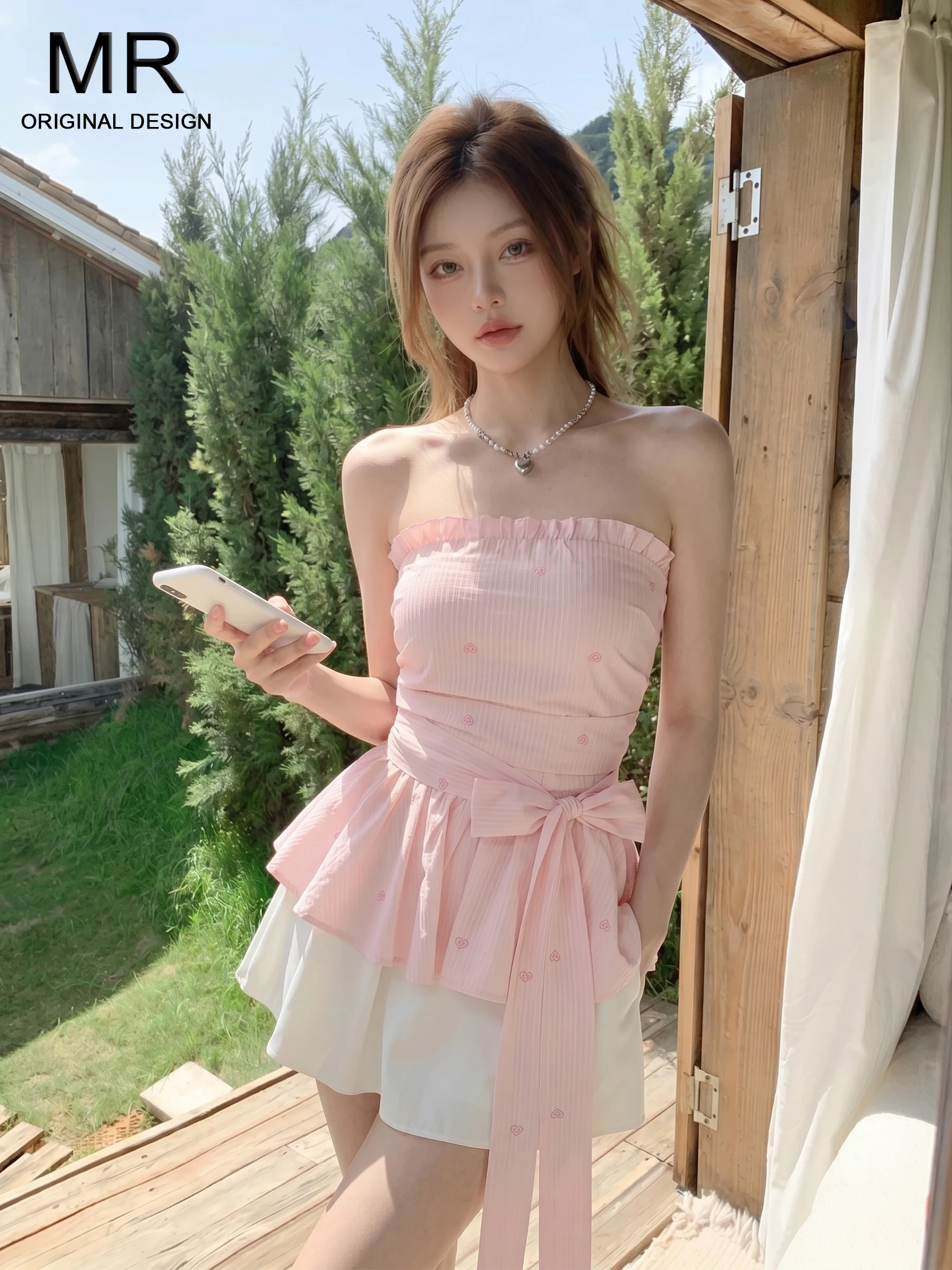 Pink Sweetheart Bridesmaid Tank Top Women's New 2026 Slimming Summer Clothes Meat Concealing Sweet Strapless  Knot Top