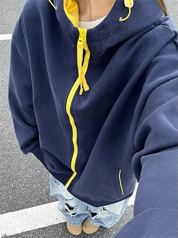 

Retro American Color Blo Hoodie Men's Loose Casual All Match Couple Outerwear Top Trendy Autumn Long Sve Zipper