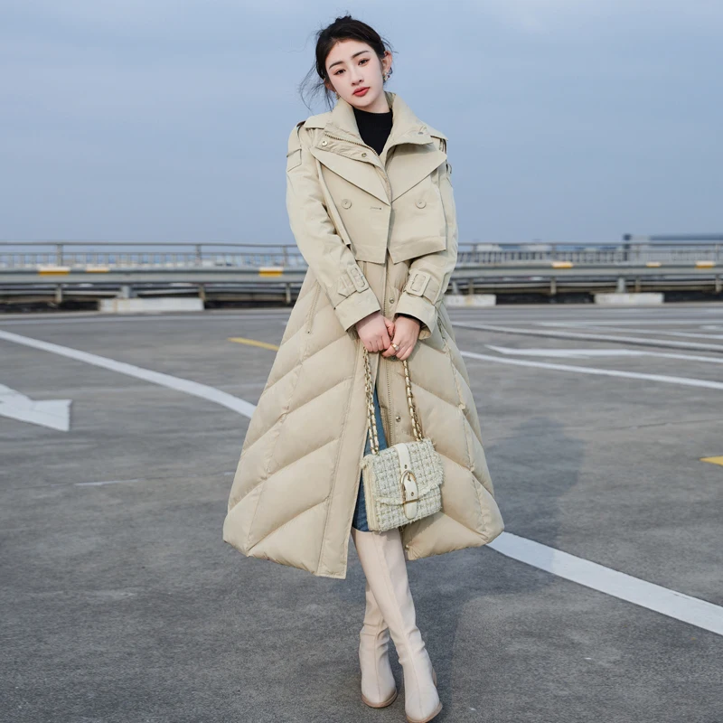 Women Fake Two-Pieces Long Down Coat Fashion Splicing Stand Collar 2023 Winter Ladies Warm Puffer Jacket Tops