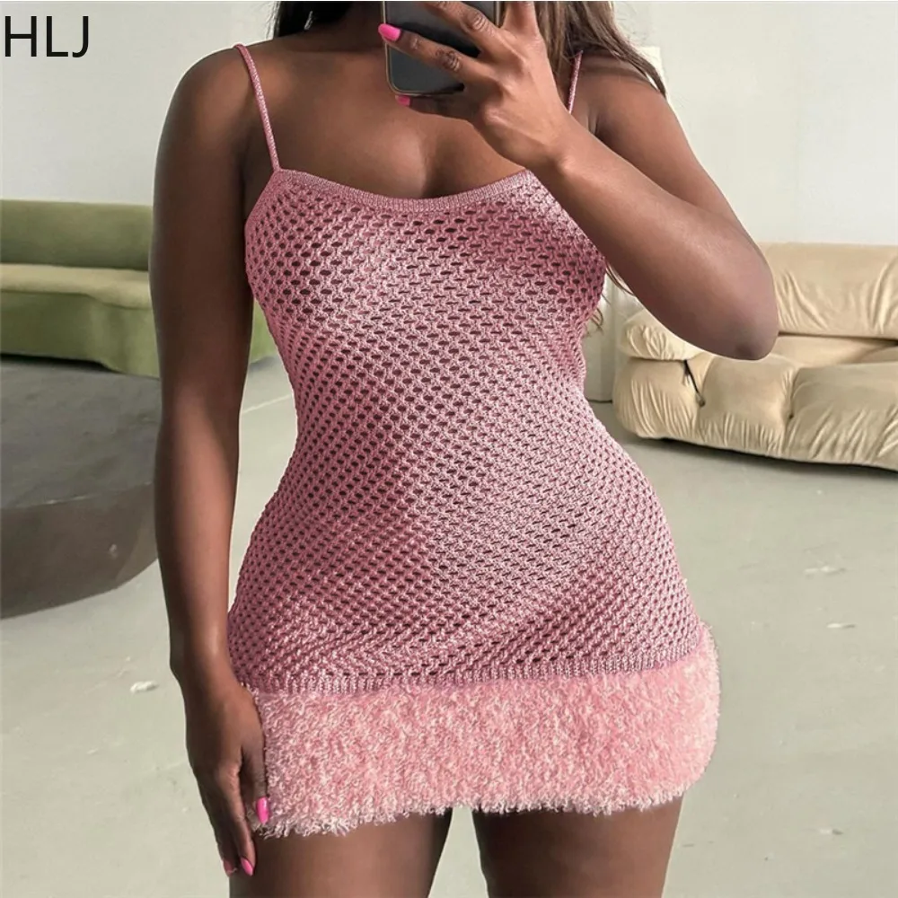 

HLJ Sexy Hollow Out Knitting Fur Splicing Bodycon Suspenders Dress Women Thin Strap Sleeveless Slim Vestidos Fashion Clothing