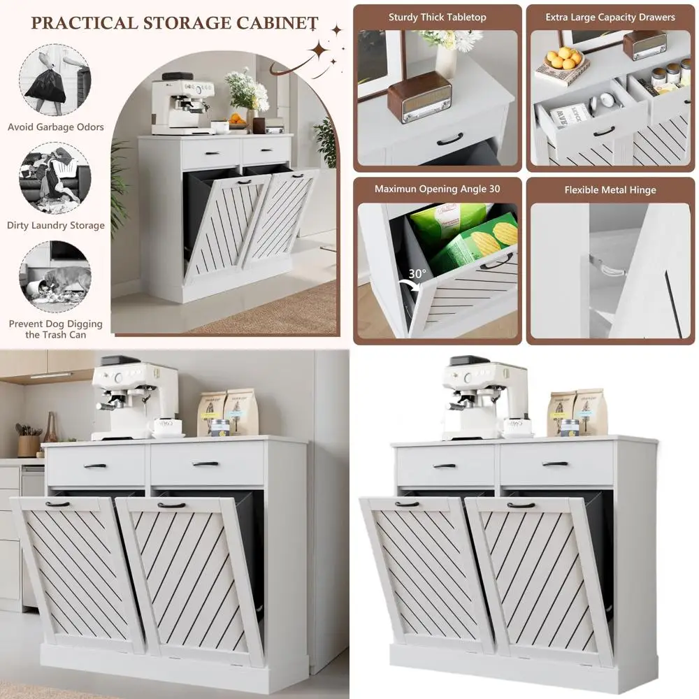 

Hidden Double Trash Bin Cabinet with Storage, 26 Gallons Capacity, Pet-Proof, White