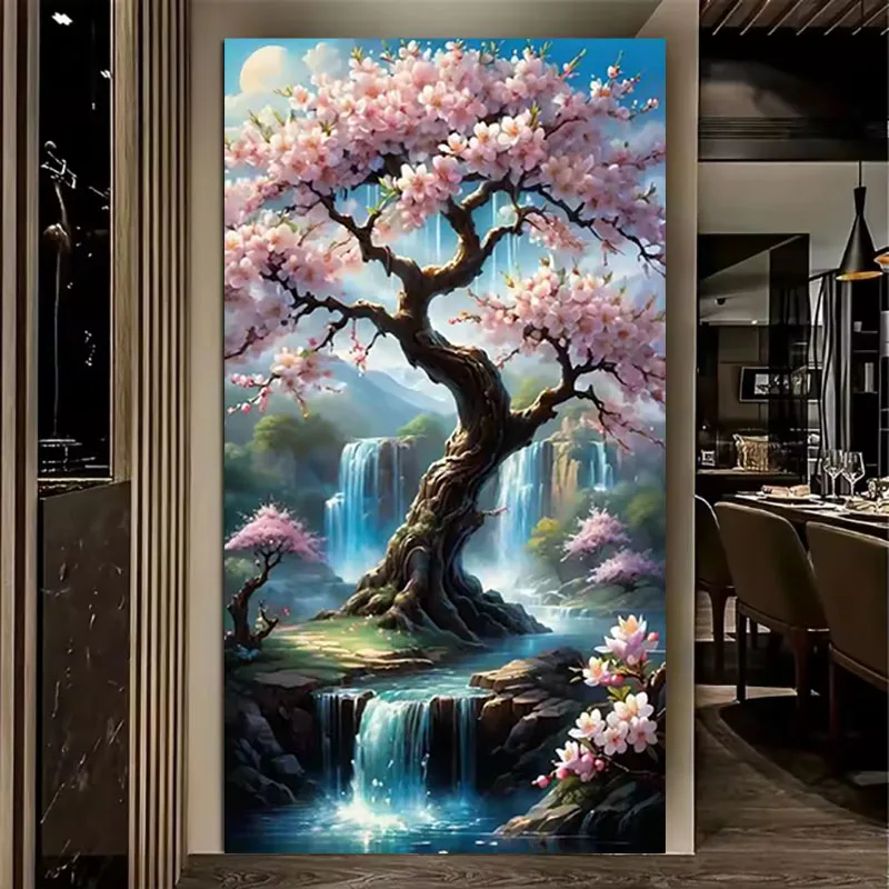 

Diamond Mosaic Art 5D DIY Pink Flower Tree Waterfall Diamond Painting Kit Square Round Rhinestone Cross Stitch Home Decoration