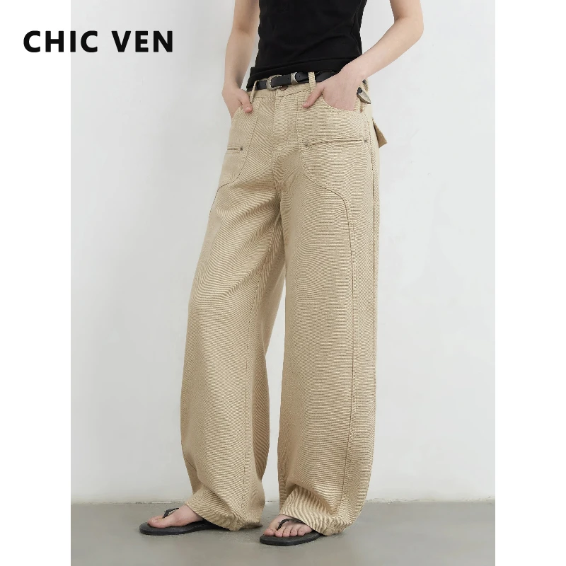 

Модные женские джинсы CHIC VEN: Новые повседневные широкие брюки из денима цвета хаки с разрезами, весна-осень 2026
