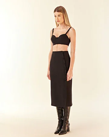 Women’s High‑Waist Black Pencil Skirt Midi Length with Side Slit Vertical Button Detail Fashion Office Wear Trendy Summer