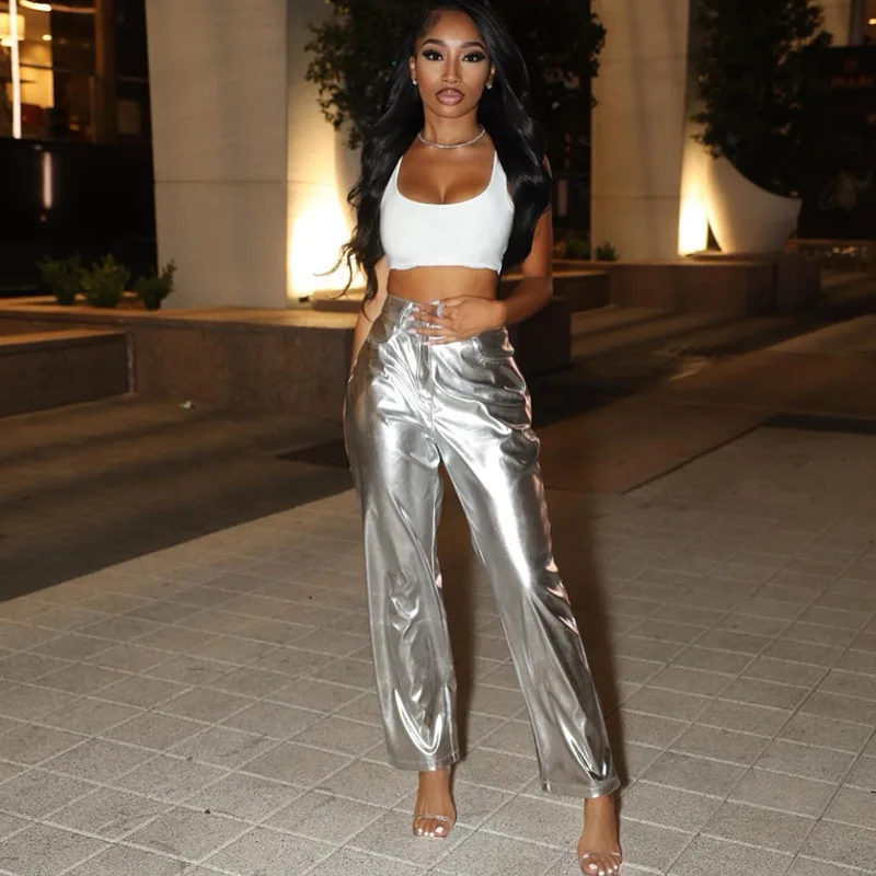 Spring Autumn Candy Color PU Leather High Waist Women's Casual Pants Fashionable Ladies High Waist Long Trousers