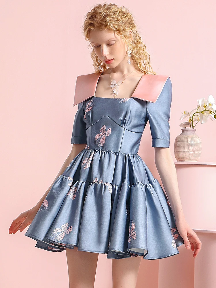 Abito a vita alta abbigliamento donna Design di interesse speciale Chic Butterfly Print Contrast Color Square Collar Sweet Tutu Dresses