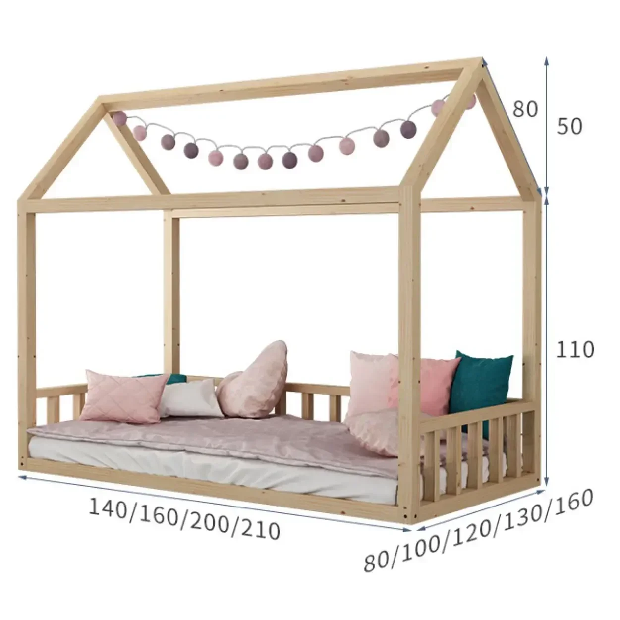 Assembled with Safety Rails Kids Bedroom Furniture Wooden House Shaped  Children's Bed Customizable for Home Decor