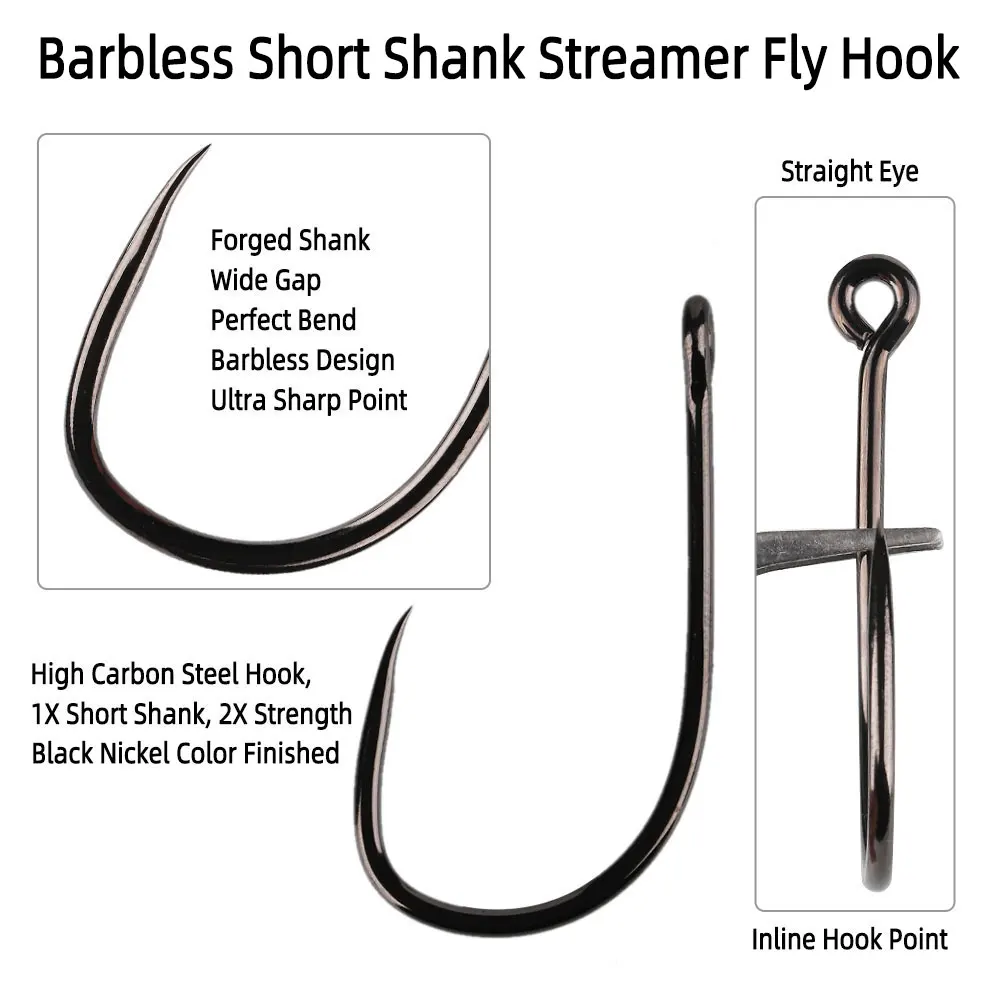 20pcs #1 1/0 2/0 3/0 4/0 5/0 Short Shank Barbless Streamer Fly Tying Hook Tarpon Flies Baitfish Streamers Saltwater Fishing Lure