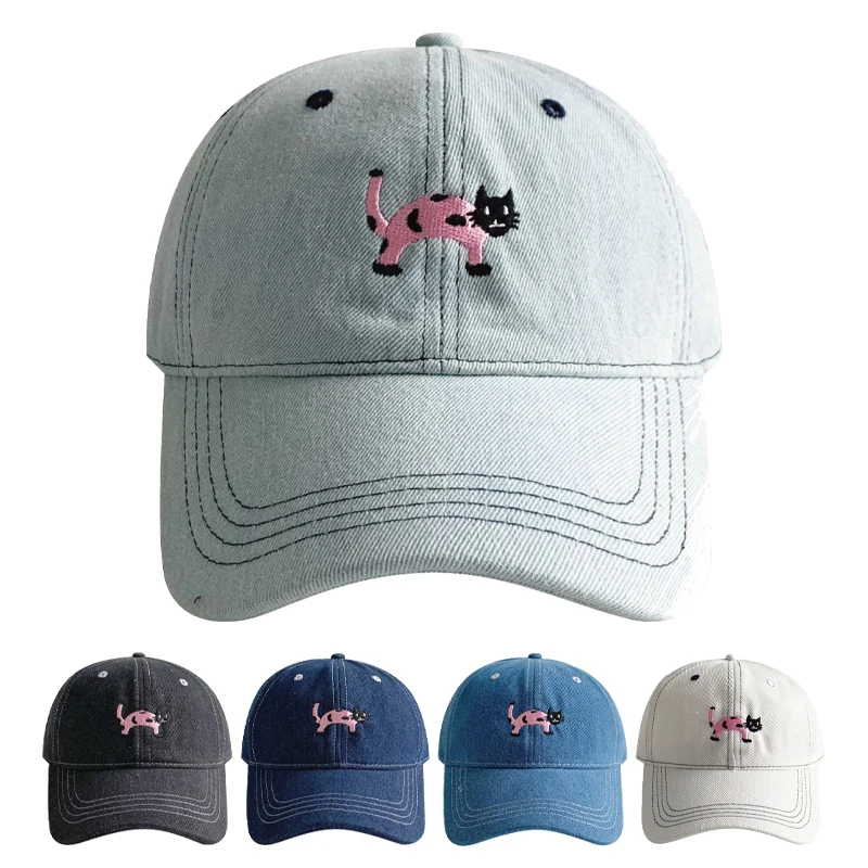 

Polka Dot Cat Denim Baseball Caps Cartoon Embroidery Cats Visors Soft Washed Peaked Cap Outdoor Casual Sports Hip Hop Unisex Hat