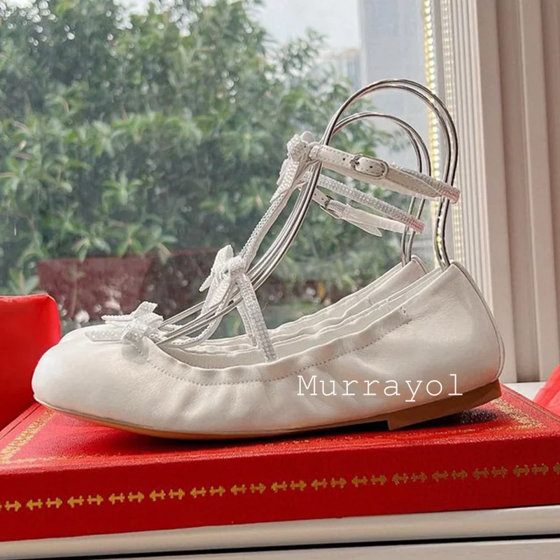 Rhinestone Butterfly-knot Decor Flat Heels Mary Jane Shoes Women Genuine Leather Ballet Shoes Summer Vacation Single Shoes