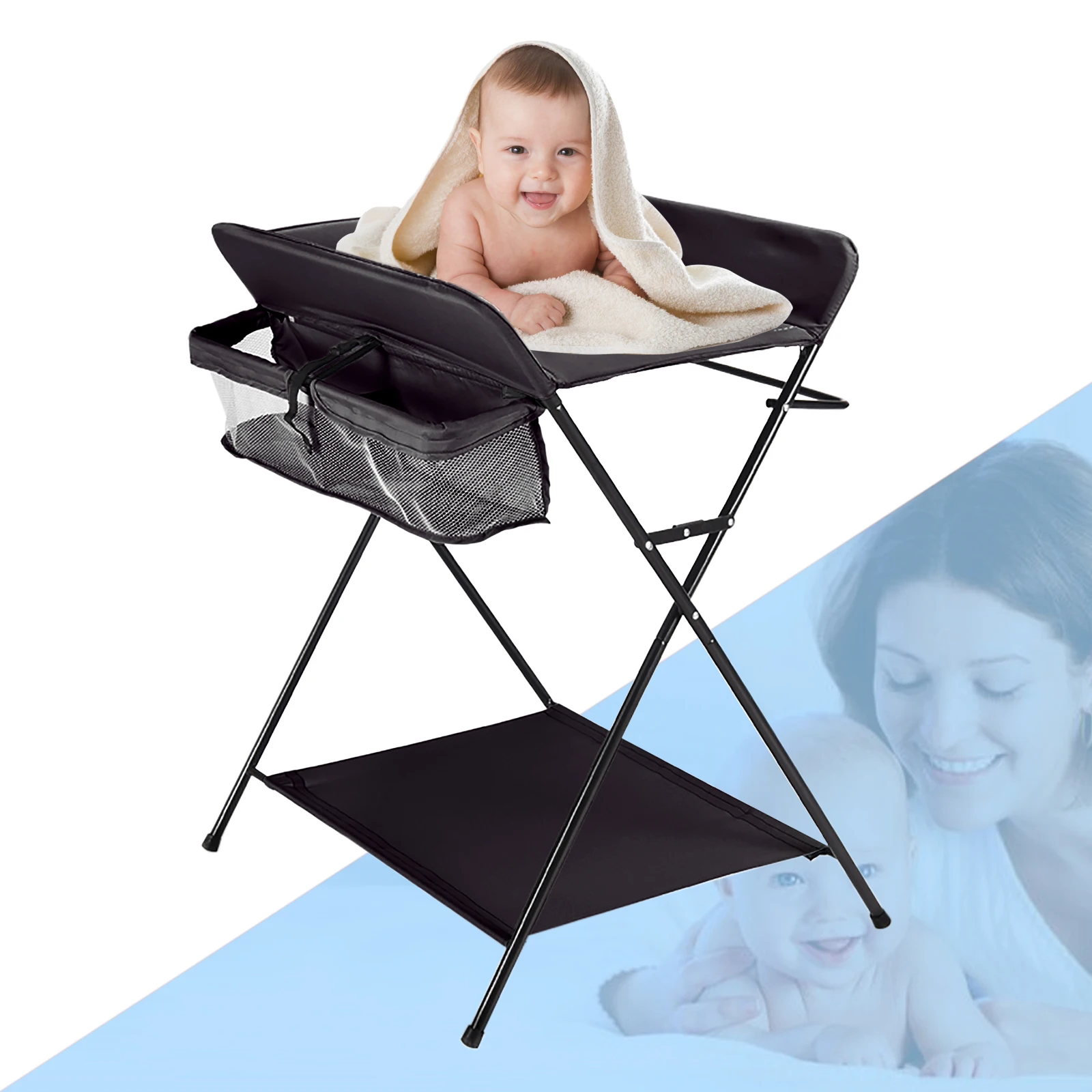 Klappbarer Wickelt isch, Wickelt isch mit 3 Fächern, Wickel unterlage für Babys bis zu 12 Monaten (schwarz)