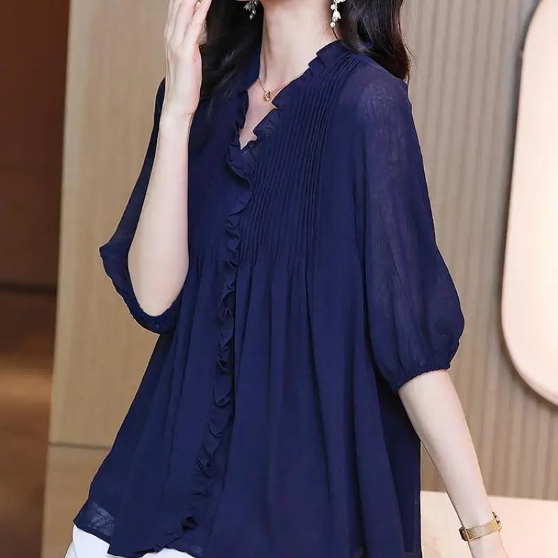 Elegant Fashion Solid Color Folds Chiffon Shirt Summer 2024 New V-Neck Half Lantern Sleeve Loose Pullovers Blouse Women Clothing