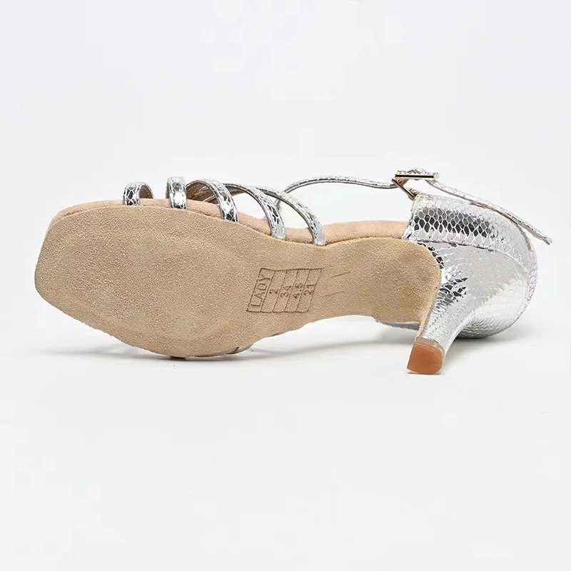 Venny Zapatos de baile latino, zapatos de salón profesionales plateados con suela flexible para mujer para competición Rumba Cha