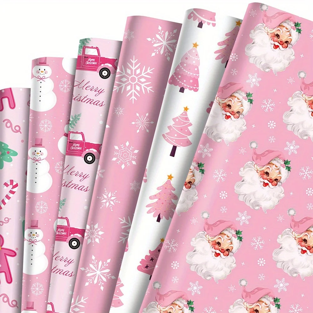 6-teiliges rosa Weihnachts-Schneemann-Geschenkpapier-Set, Rentier- und Schneeflocken-Mottoparty-Dekoration, perfekt als Weihnachtsgeschenk