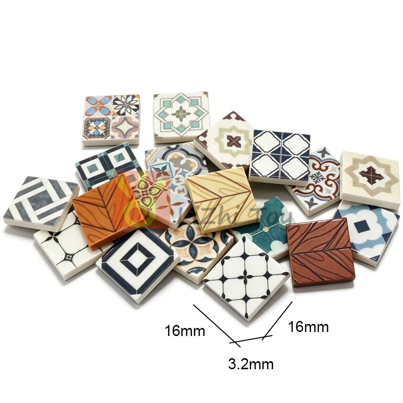 20pcs MOC Brick Tile Smooth 2x2 Size Printed Assemble Retro Ceramic Floor Plate Particle Wood Pattern Building Block Toy 3068