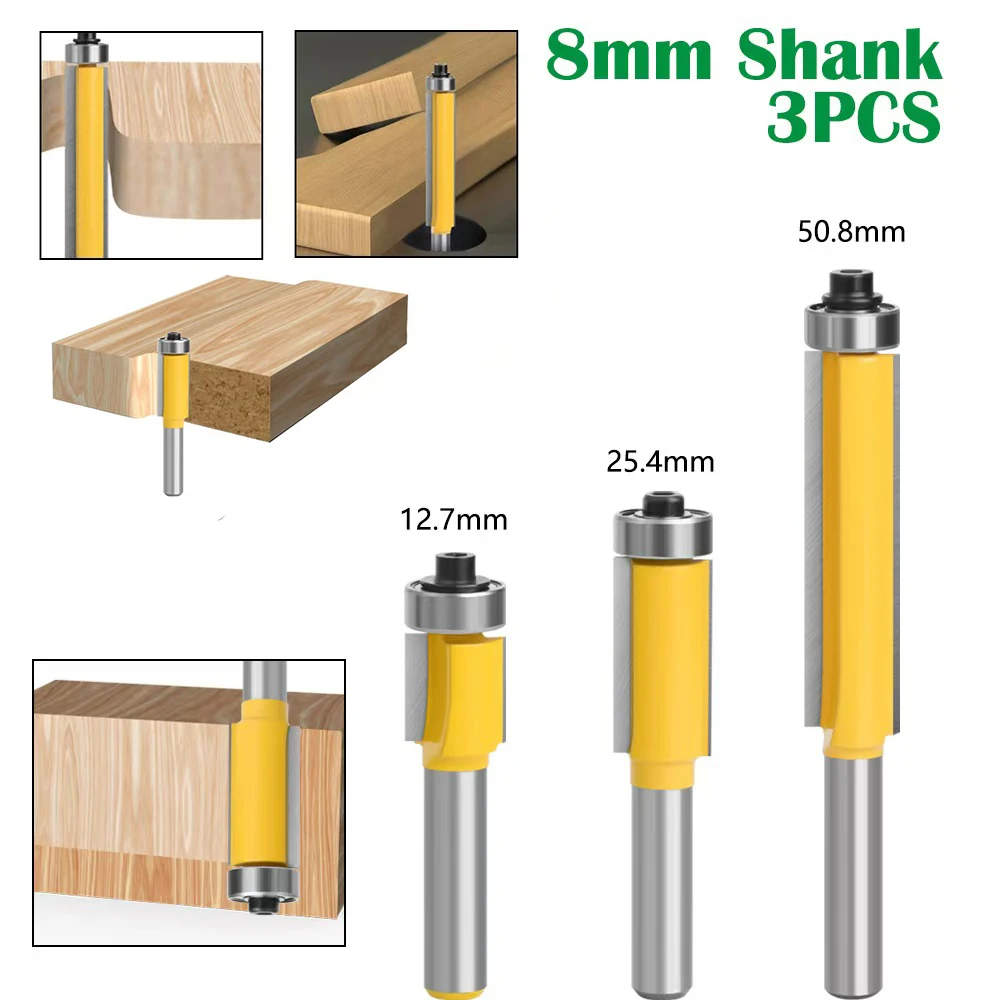 8mm Shank Long Blade Flush Trim Router Bit Tungsten Carbide Milling Cutter with Bearing for Wood Pattern Template Trimming