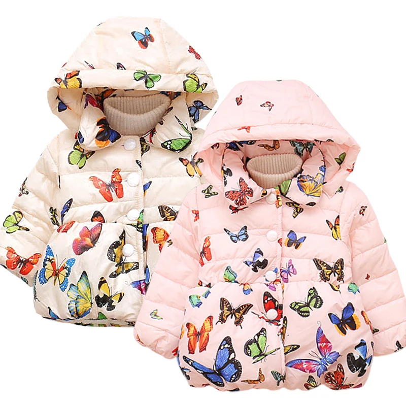 

2024 Autumn Winter Baby Girls Hooded Jacket Children Butterfly Print Cotton Padded Thickening Warm Coats Kids Clothes Outerwear