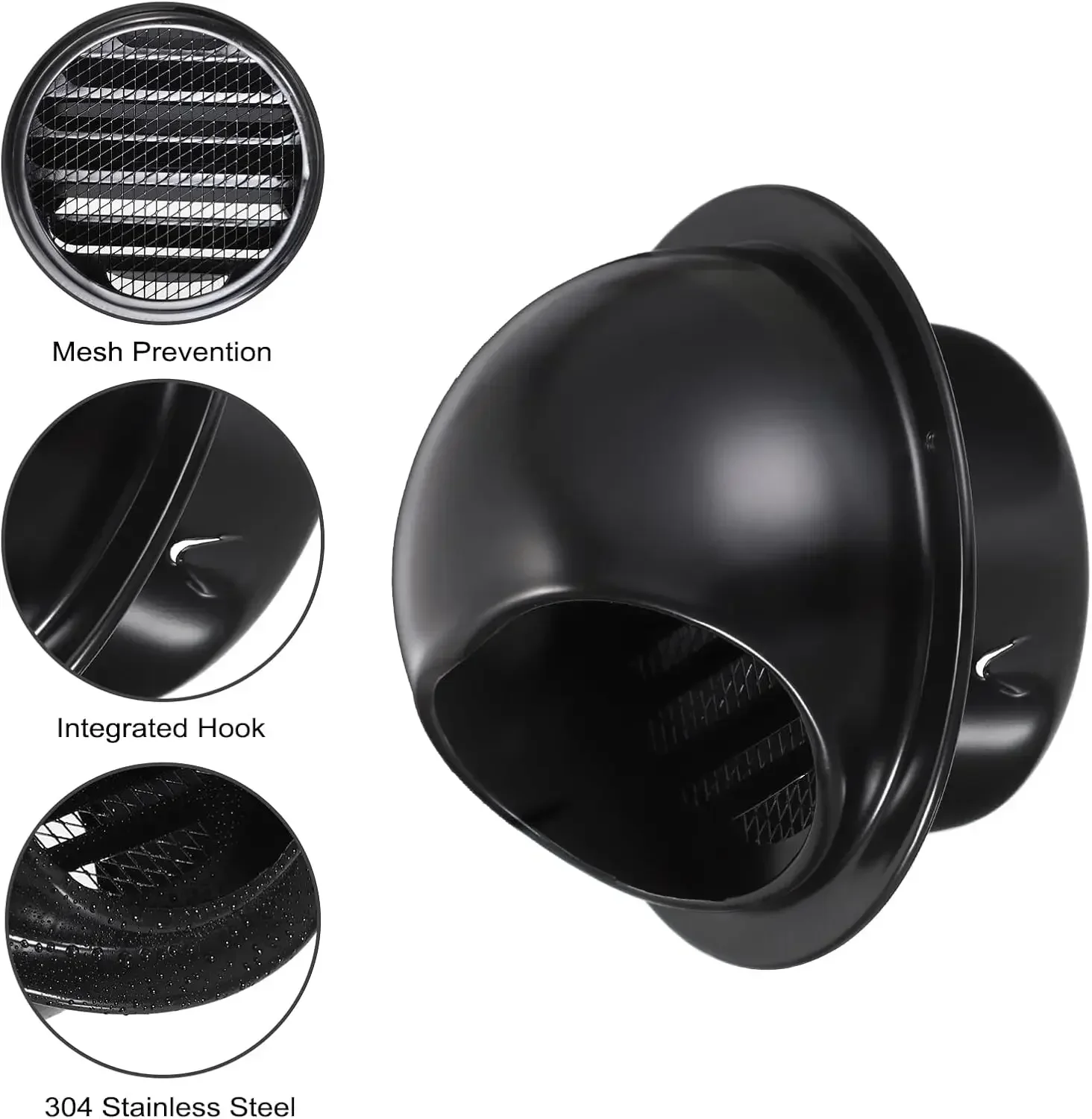 Tappo di sfiato a parete per cappa di scarico nera in acciaio inossidabile da 60 mm ~ 200 mm con griglia di uscita dell'aria a maglia fine incorporata