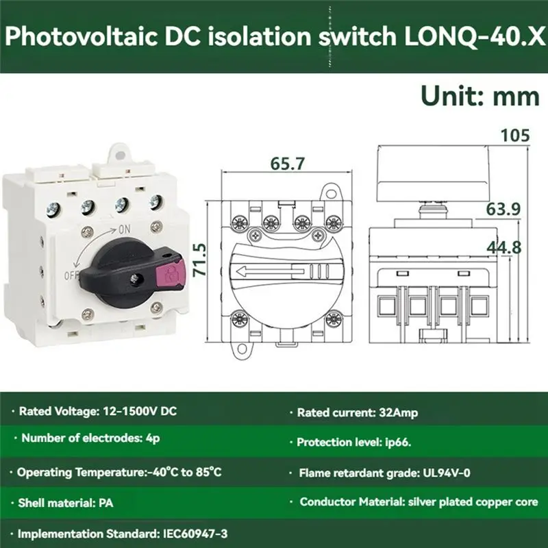 A19F-Solar Isolator Switch PV DC 1200V 32A Solar Rotating Handle Isolator Rotary Switch Disconnector For Solar Device B