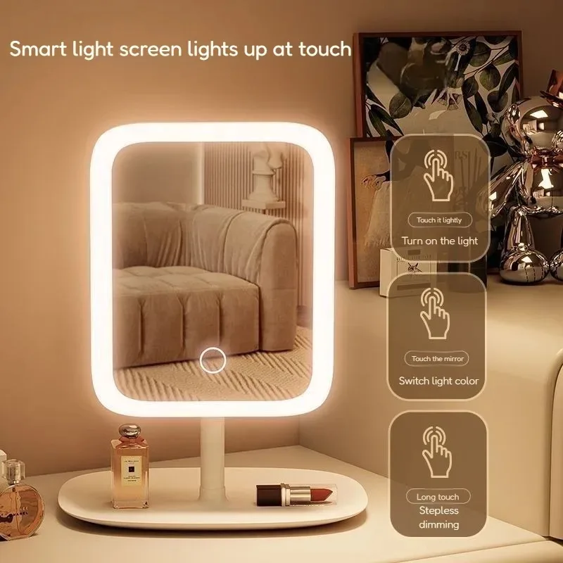 3 Colors LED Makeup Mirror with Light Dimmable Portable Desktop Mirror for Student Dorm Home Travel Gift