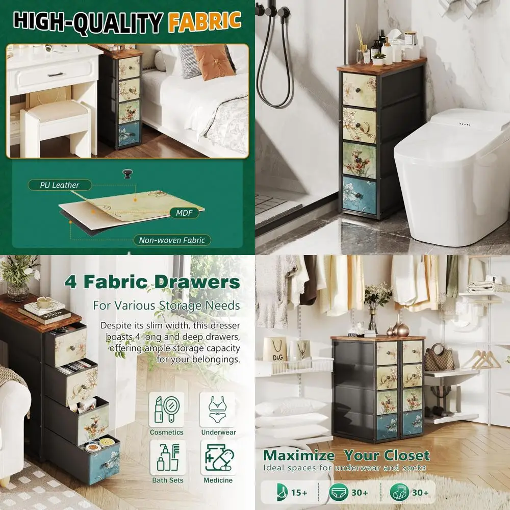 

Компактный тонкий комод с 4 ящиками и тканью для небольших помещений, винтажный стиль, идеально подходит для спальни, ванной комнаты и шкафа