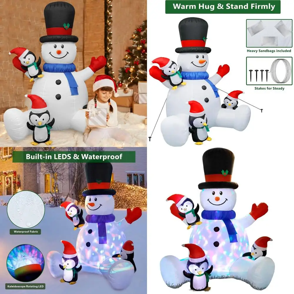 

7-Foot Seated Snowman Christmas Inflatable with 3 Penguins and Rotating RGB LED Lights for Outdoor Holiday Decor