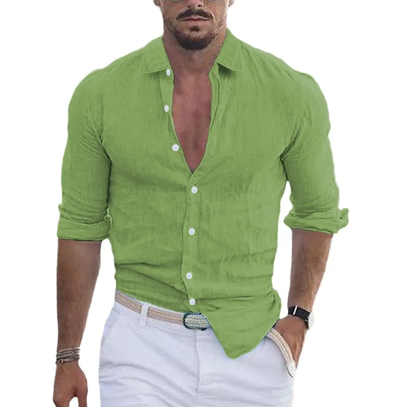 2025 New Men's Summer Cotton and Linen Lapel Beach Shirt Long Sleeve Solid Color Clothing
