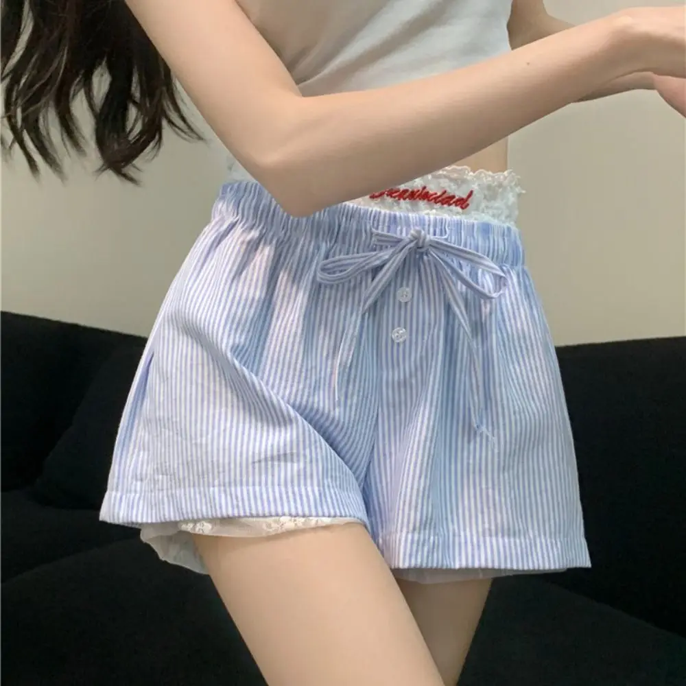 Chic Loose Lace Plaid Shorts Stripe Mesh Flower High Waist Shorts Lolita Sweet Wide Leg Short Pants Girls