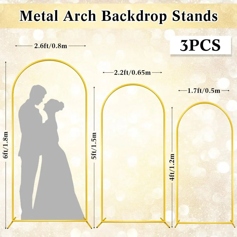 Set of 3 Metal Wedding Arch Backdrop Stand with 3 Arch Cover 4ft, 5ft, 6ft Gold Arch Stand