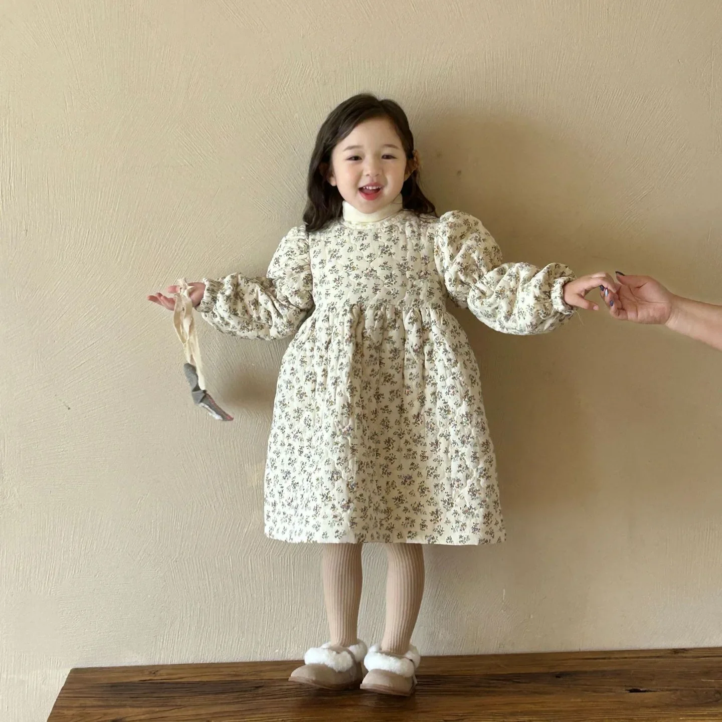 Baby Girls Dress Fashion Thicken Floral Quilted Fleece 2024 Winter New Korean Style Childrens Princess Dress