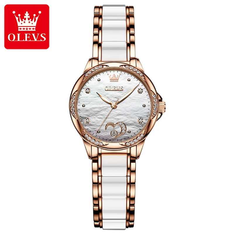 OLEVS Womens Watches Top Brand Luxury Ceramic Mechanical Watch Waterproof Calendar Fashion Diamond Wristwatches Montre Femme