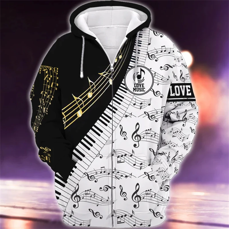 New Hoodies Sweatshirt Men's Zip Hoodie 3D Piano Print Pullovers Oversized Tops Male Autumn Long Sleeve Loose Retro Clothes Hot