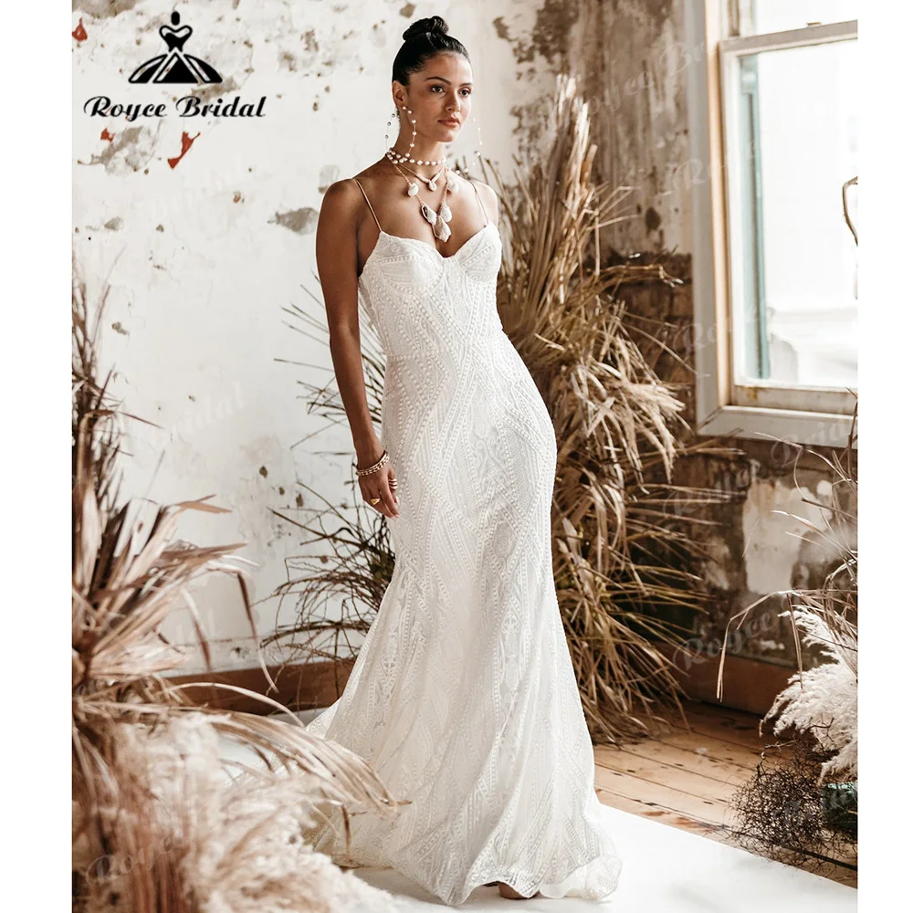 Roycebridal Thin Spaghetti Strap Mermaid Lace Wedding Dress Low Open Back Full Geometric Embroidery Vestido De Novia Customized