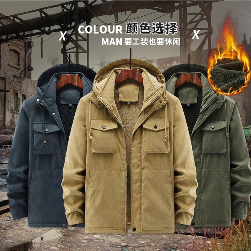 

Solid Parkas Men's Hooded Oversized Loose Multi Pocket Jackets Classic Gentleman Waterproof Rainproof Warm Casual Coats L-6XL