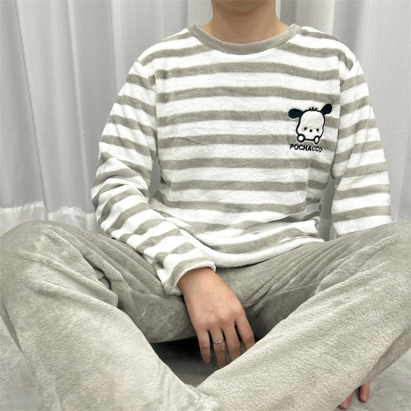 التطريز الكلب الرجال قطاع منامة الخريف والشتاء سميكة الدافئة طويلة الأكمام السراويل المرجان الصوف Homewear ملابس للرجال #2